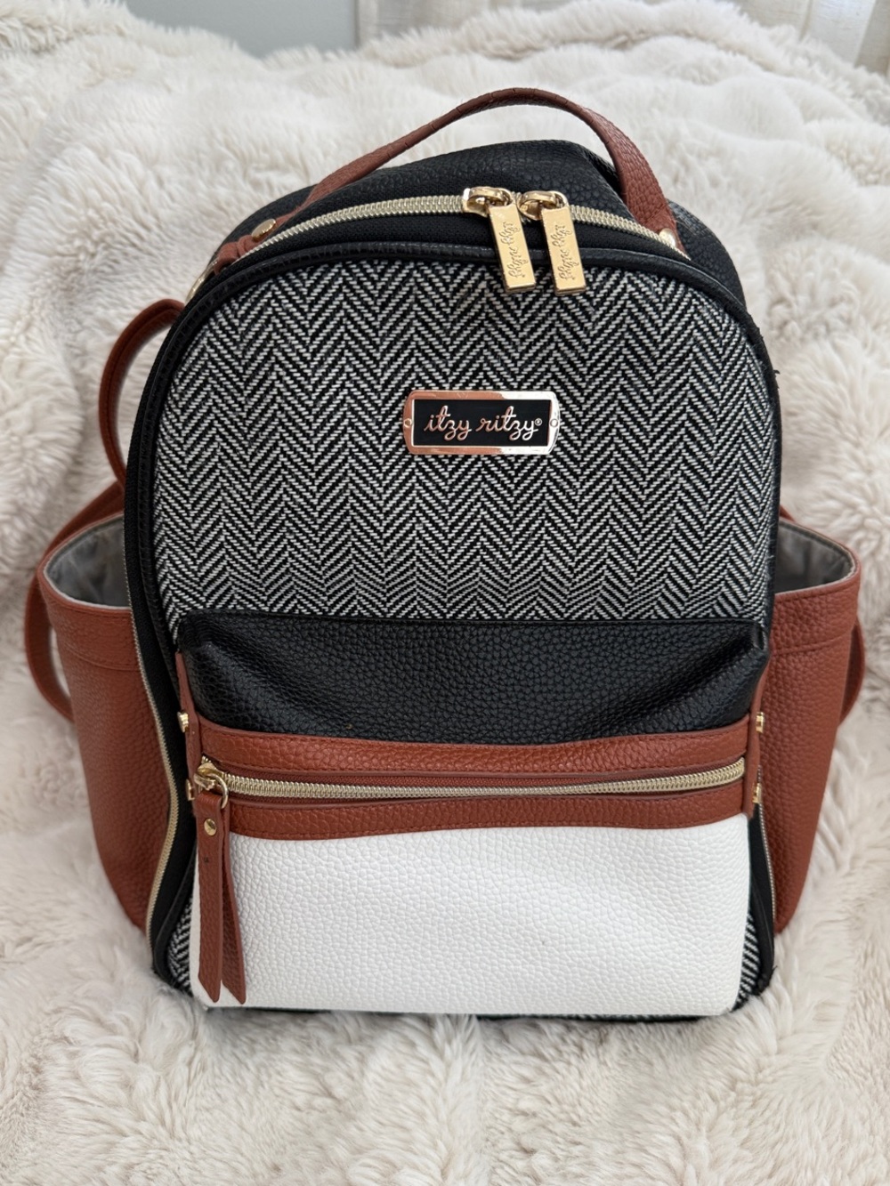 Itzy Ritzy Black, White & Brown Convertible Herringbone Backpack